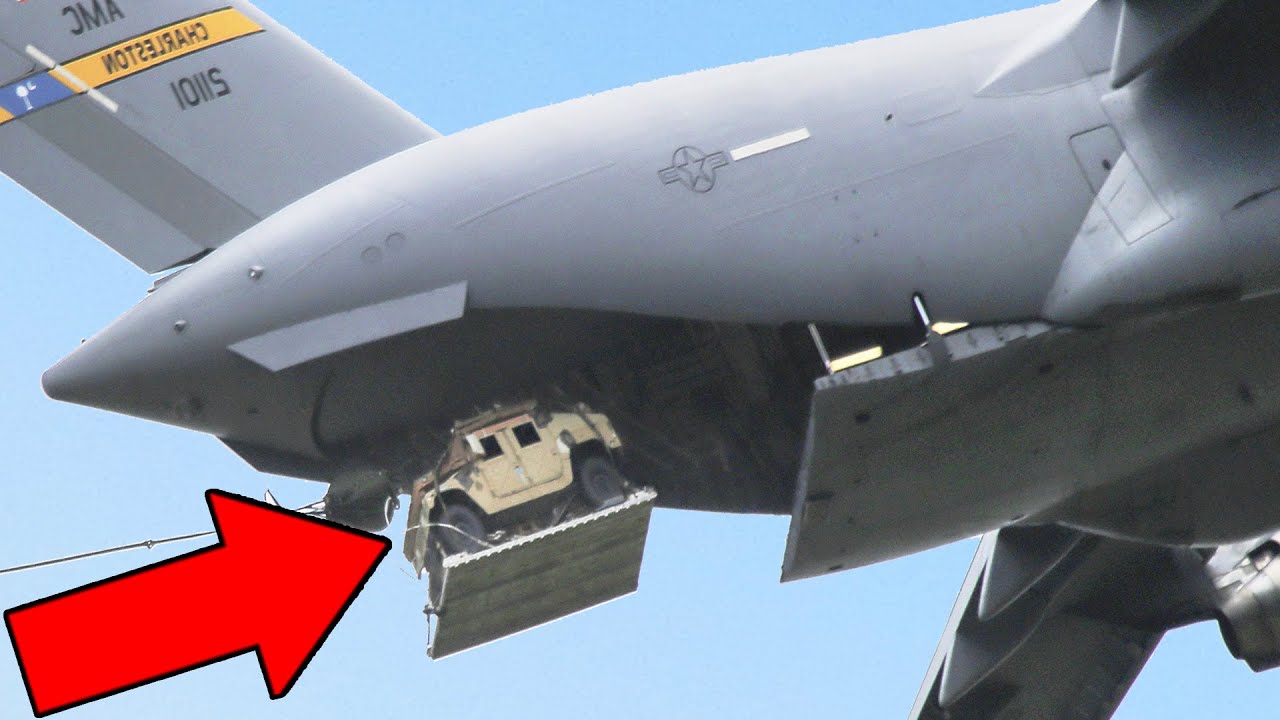 Massive Humvee Vehicles Air-Drop From Gigantic US C-17 Globemaster III